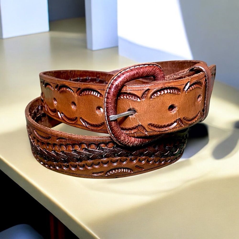 Vintage Western Braided Brown Leather Belt Large 41” Long